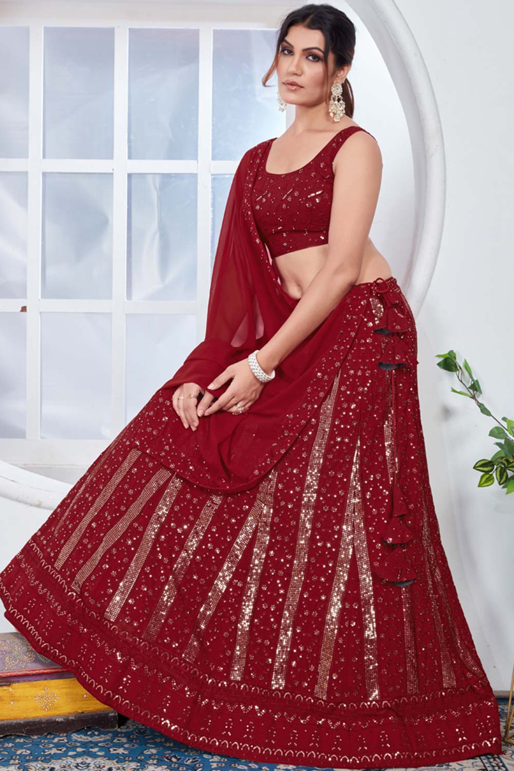 Red Georgette Embroidered Thread Lehenga