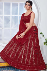 Red Georgette Embroidered Thread Lehenga