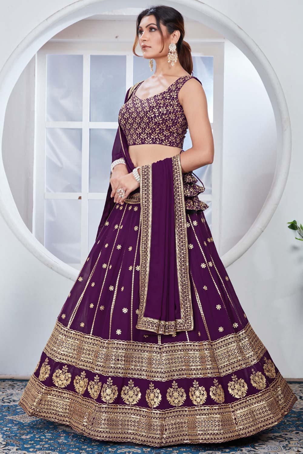 Purple Georgette Embroidered Thread Lehenga