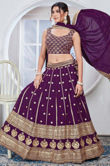 Purple Georgette Embroidered Thread Lehenga