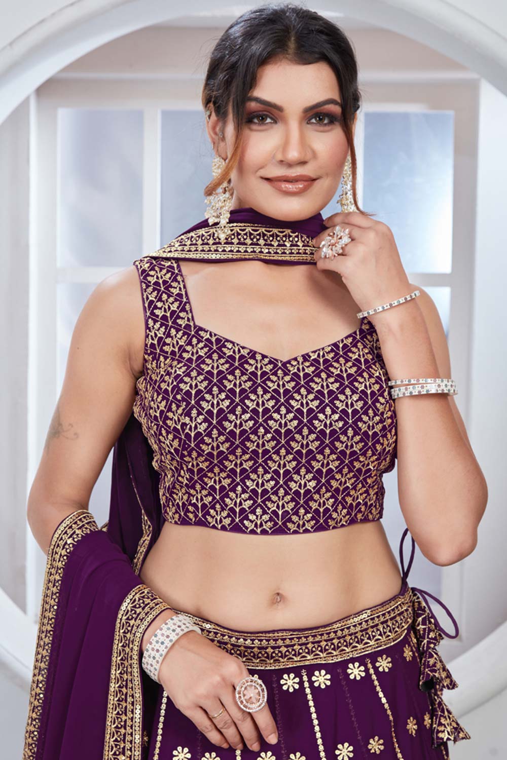 Purple Georgette Embroidered Thread Lehenga