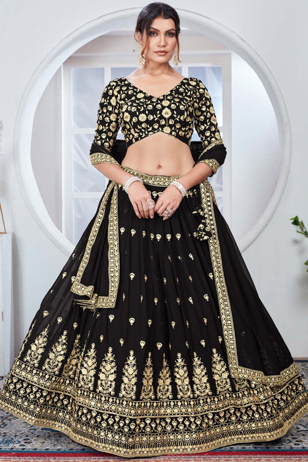 Black Georgette Embroidered Thread Lehenga