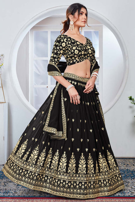 Black Georgette Embroidered Thread Lehenga