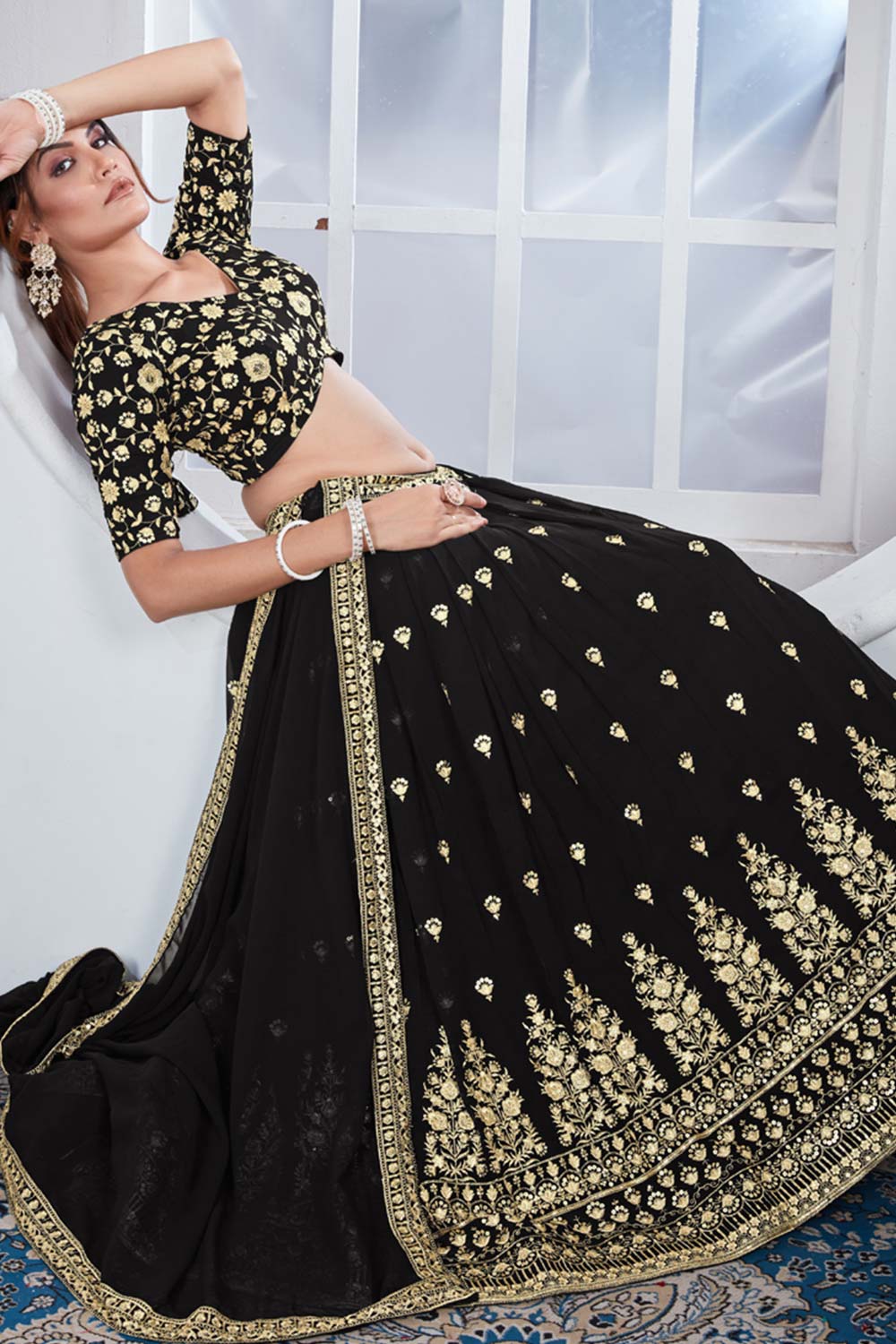 Black Georgette Embroidered Thread Lehenga