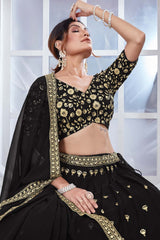 Black Georgette Embroidered Thread Lehenga