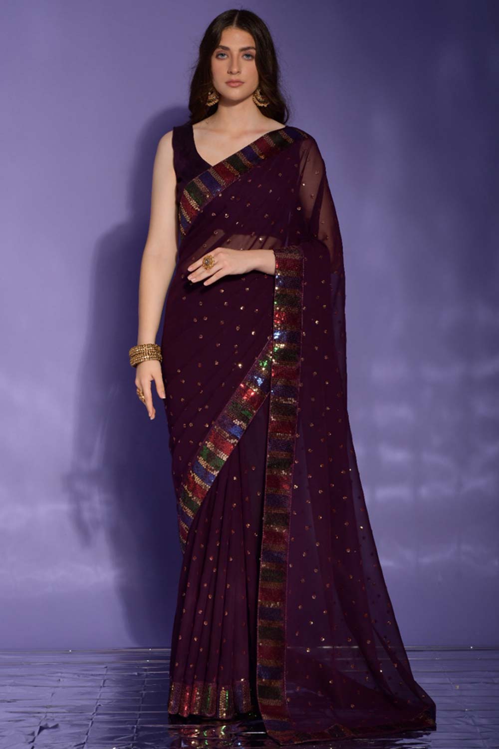 Wine Silk Embroidered  Saree