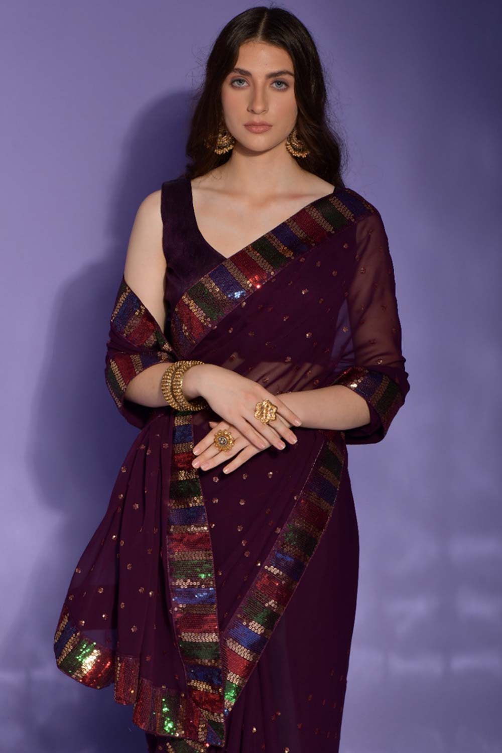 Wine Silk Embroidered  Saree