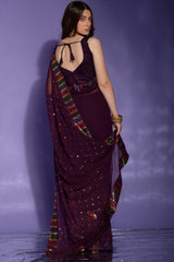 Wine Silk Embroidered  Saree