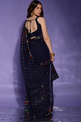 Navy Blue Silk Embroidered  Saree