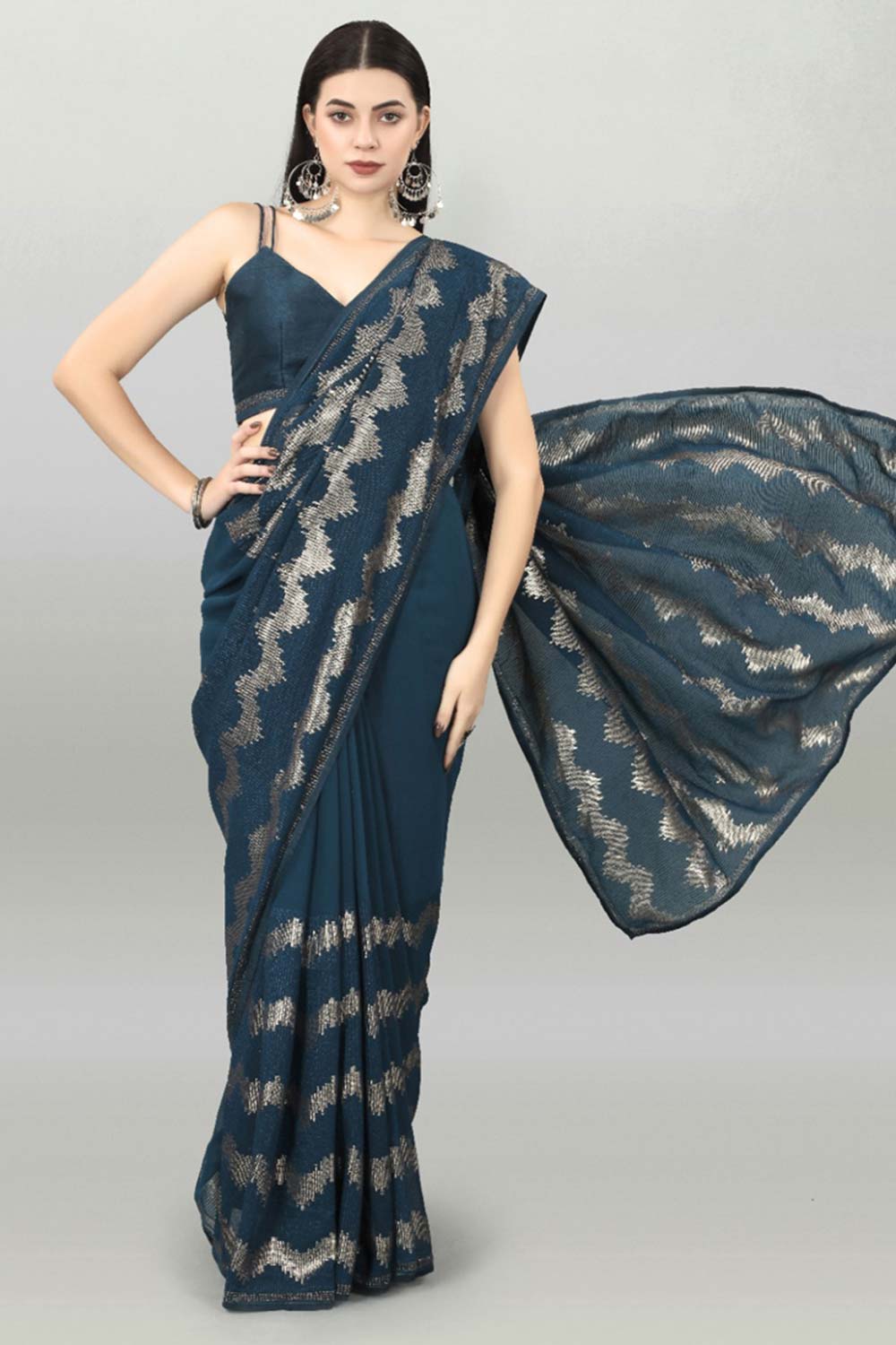 Blue Silk Embroidered  Saree