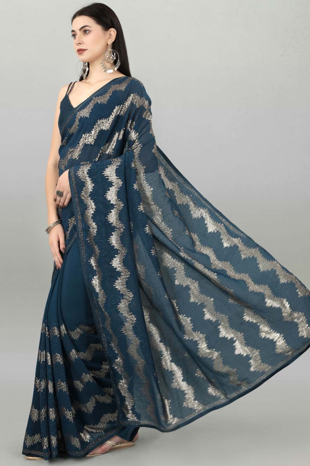 Blue Silk Embroidered  Saree