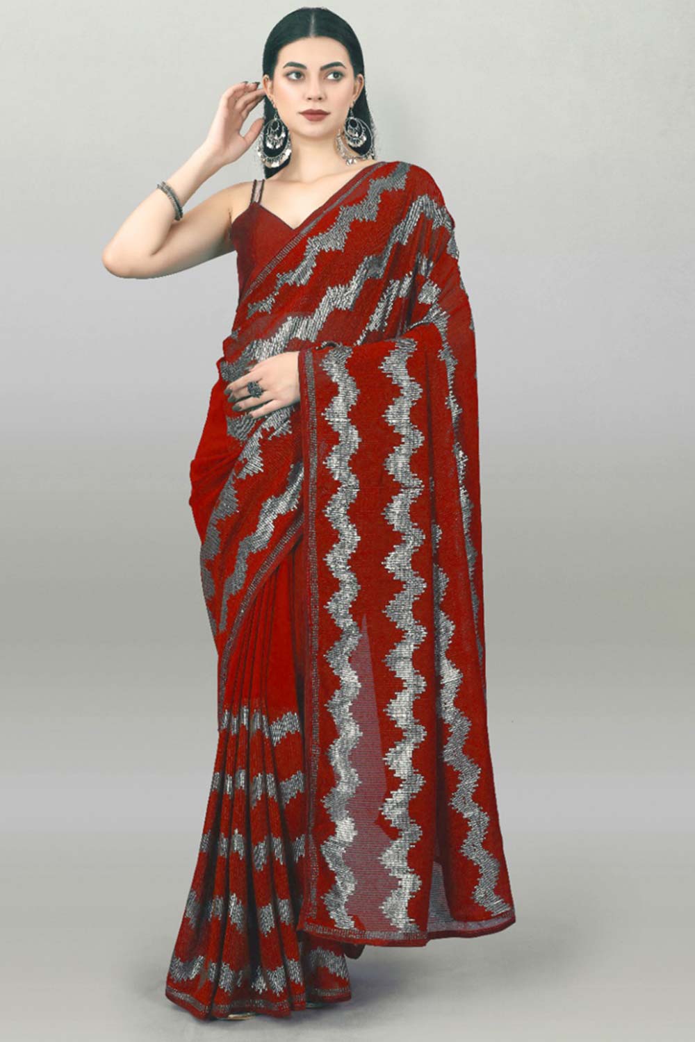 Red Silk Embroidered  Saree