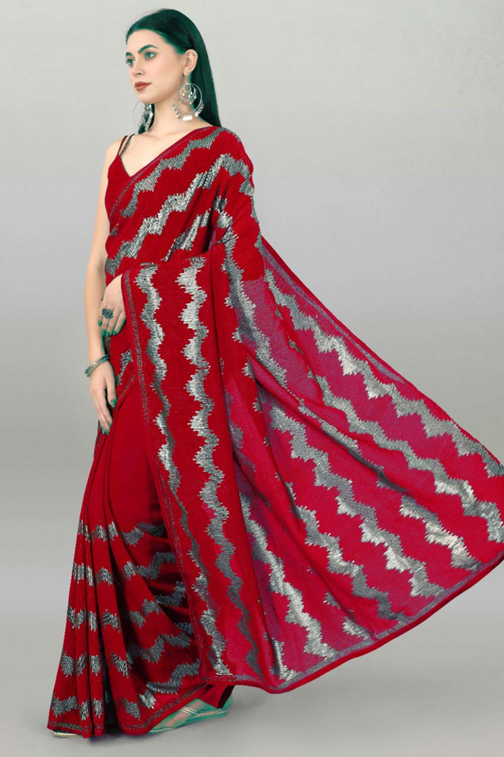 Red Silk Embroidered  Saree