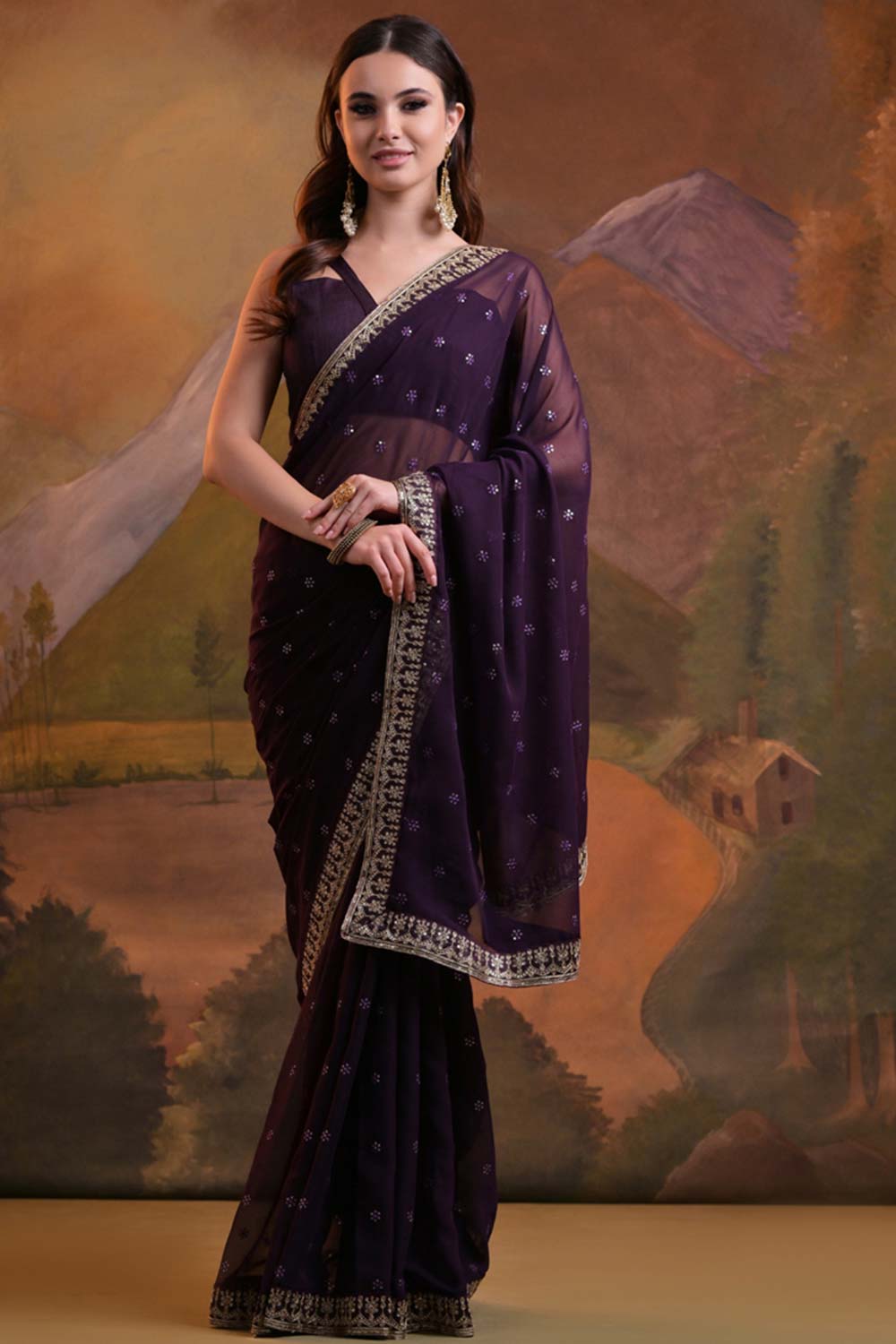 Wine Heavy Georgette Sequence Work Saree