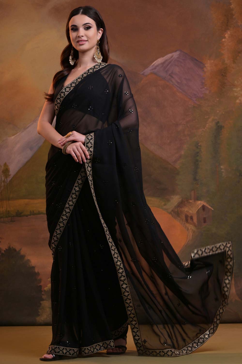 Black Heavy Georgette Sequence Work Saree