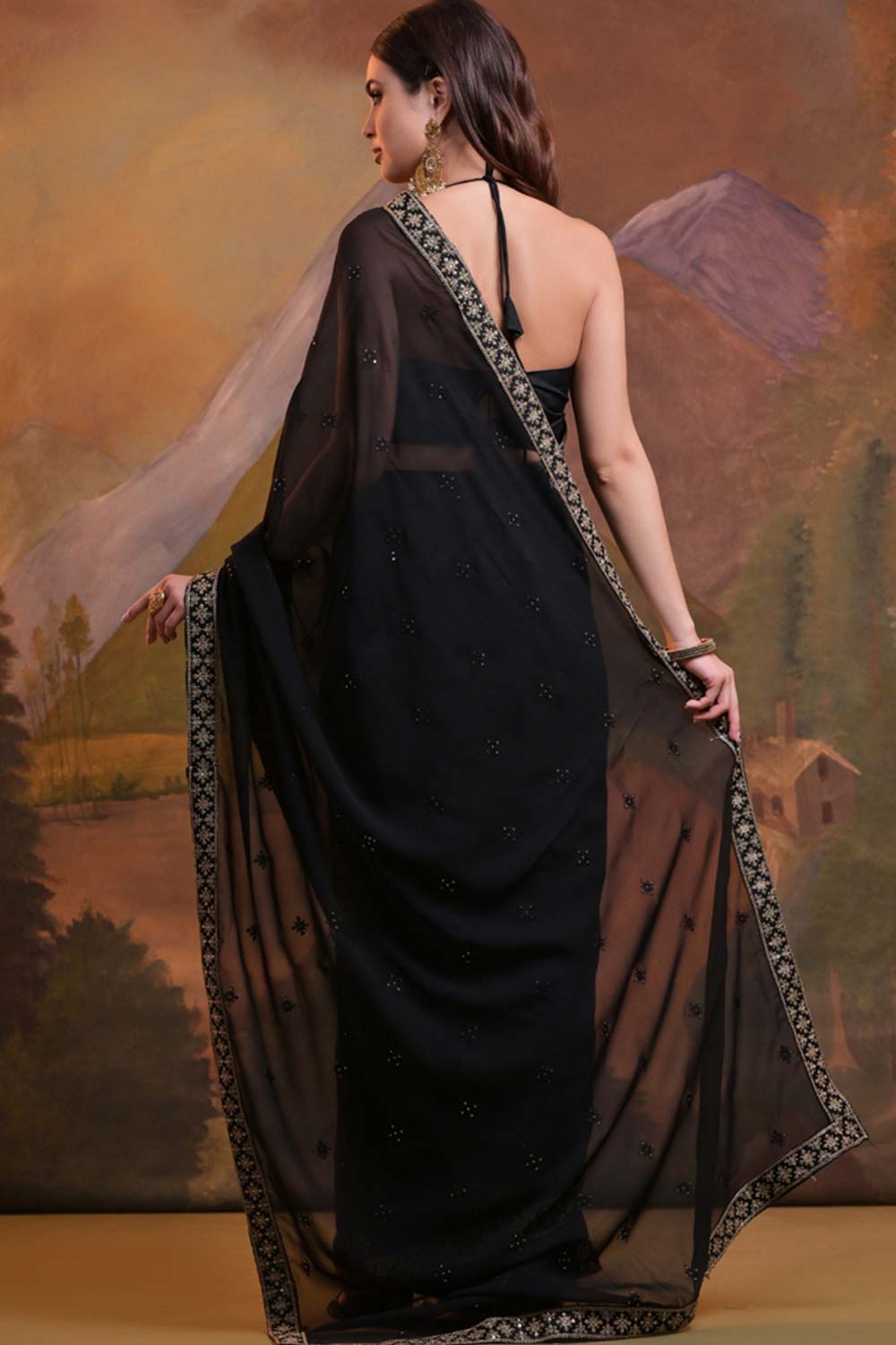 Black Heavy Georgette Sequence Work Saree