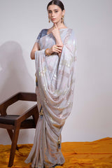 Off White Silk Embroidered  Saree