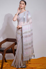 Off White Silk Embroidered  Saree