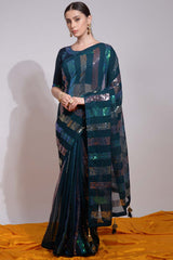 Teal Silk Embroidered  Saree