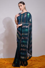 Teal Silk Embroidered  Saree