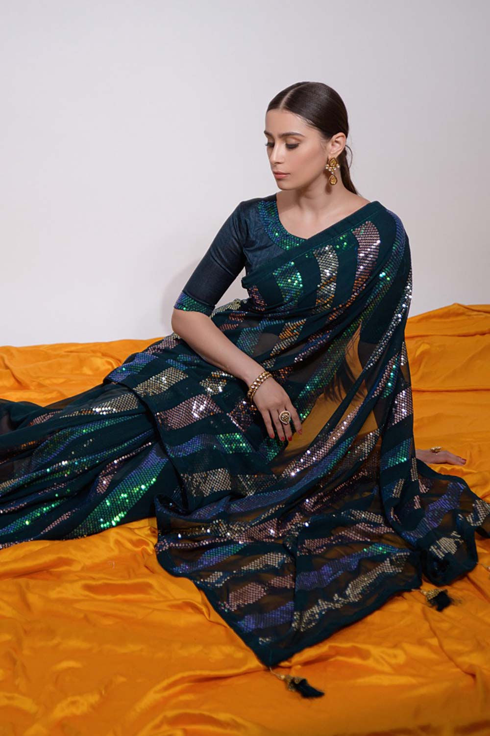 Teal Silk Embroidered  Saree