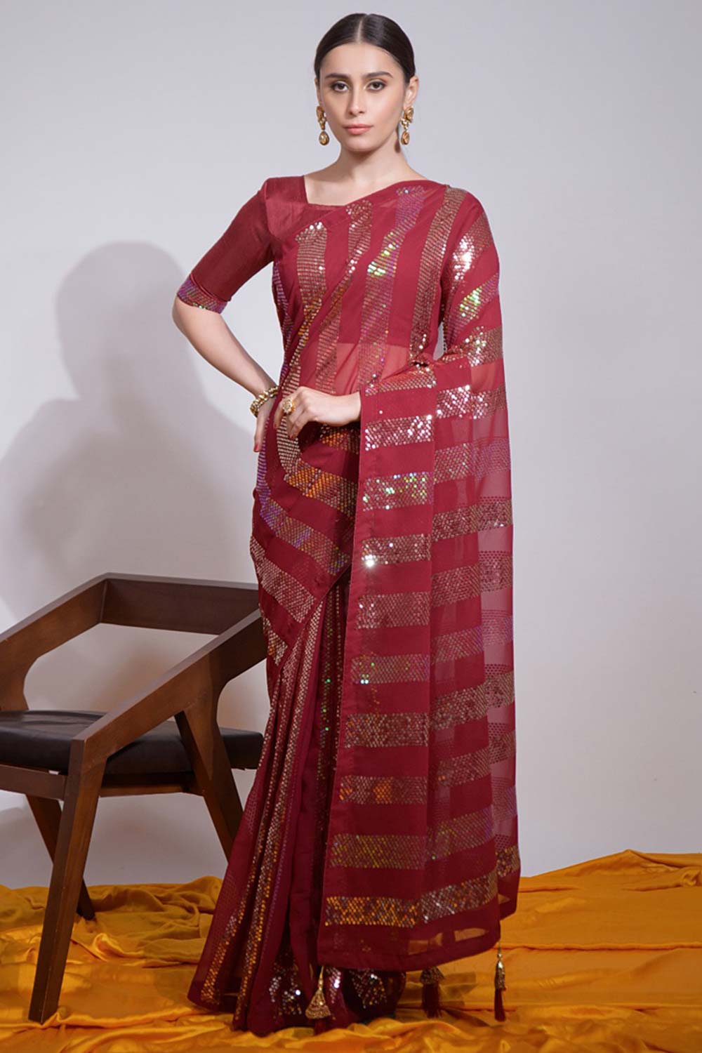 Maroon Silk Embroidered  Saree