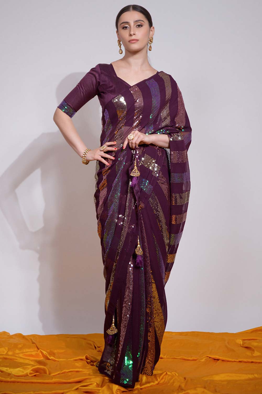 Wine Silk Embroidered  Saree