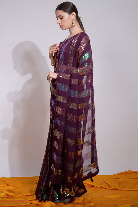 Wine Silk Embroidered  Saree