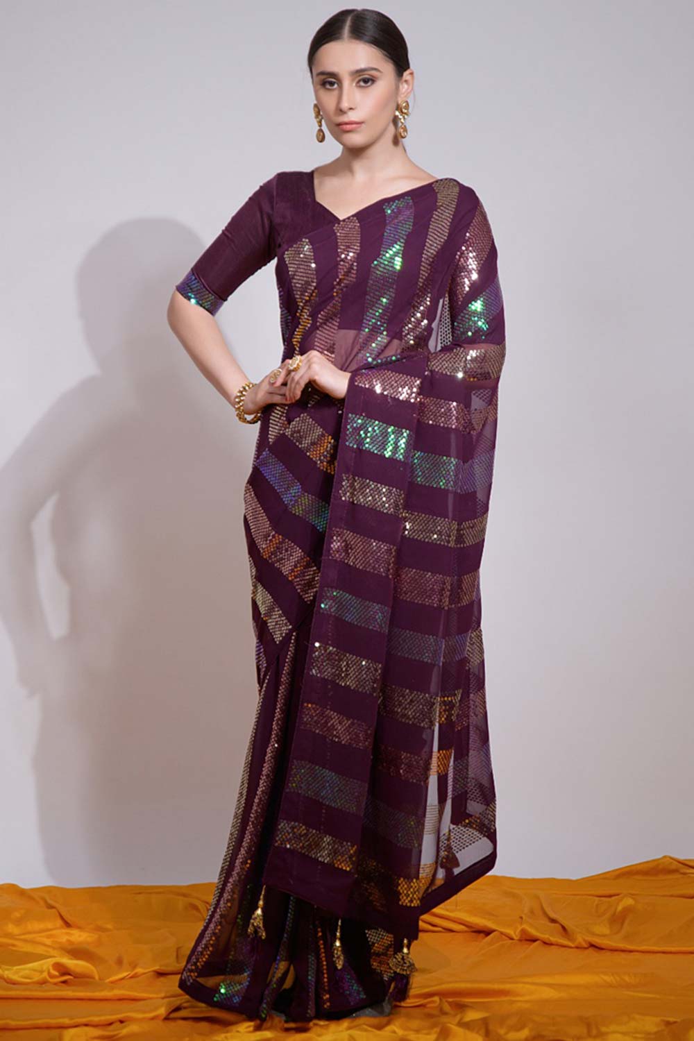 Wine Silk Embroidered  Saree