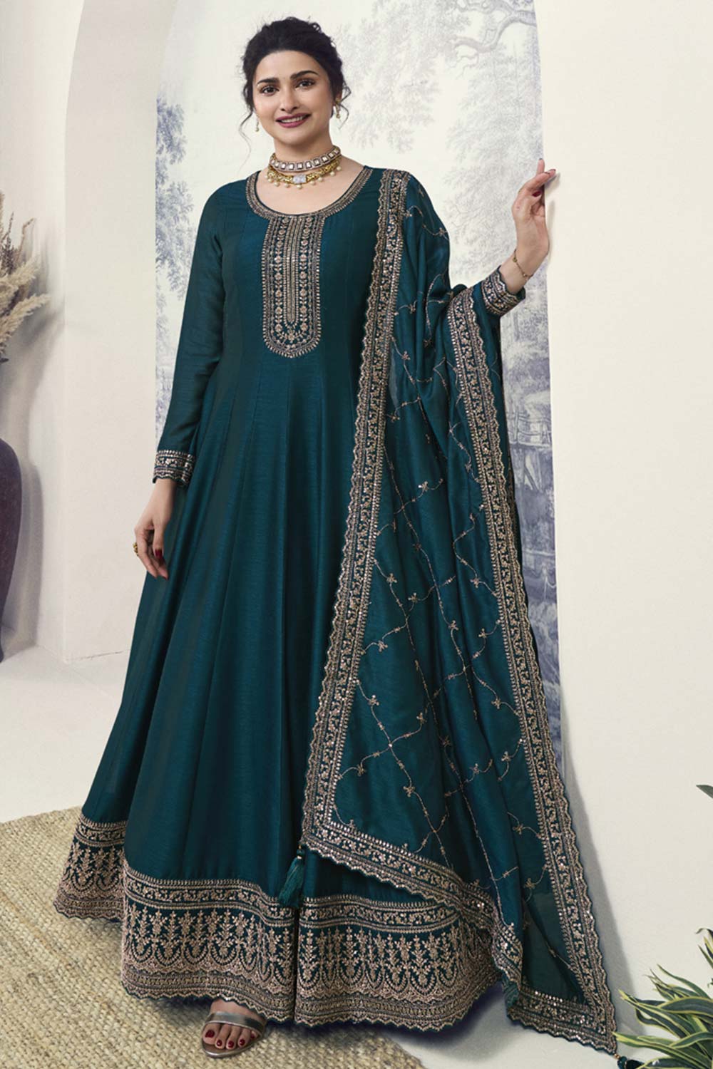 Teal Silk Embroidered Full Sleeve Round Neck Anarkali Suit