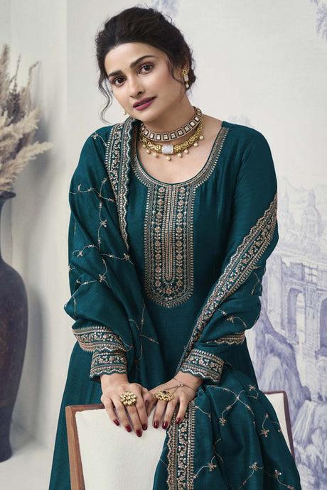 Teal Silk Embroidered Full Sleeve Round Neck Anarkali Suit