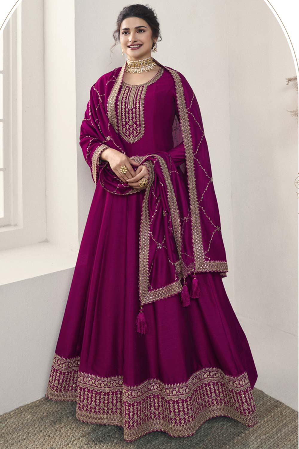 Purple Silk Embroidered Full Sleeve Round Neck Anarkali Suit