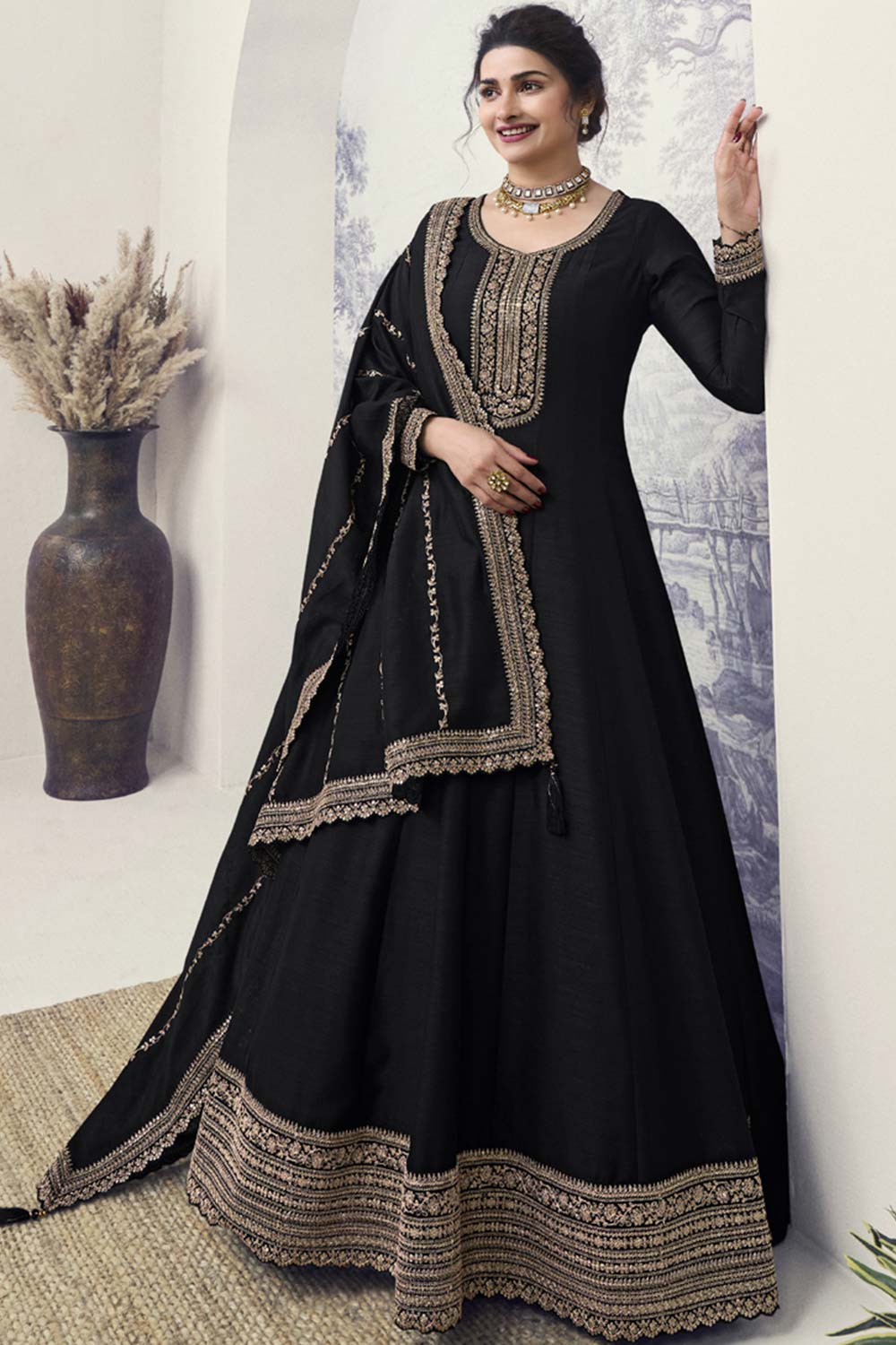 Black Silk Embroidered Full Sleeve Round Neck Anarkali Suit