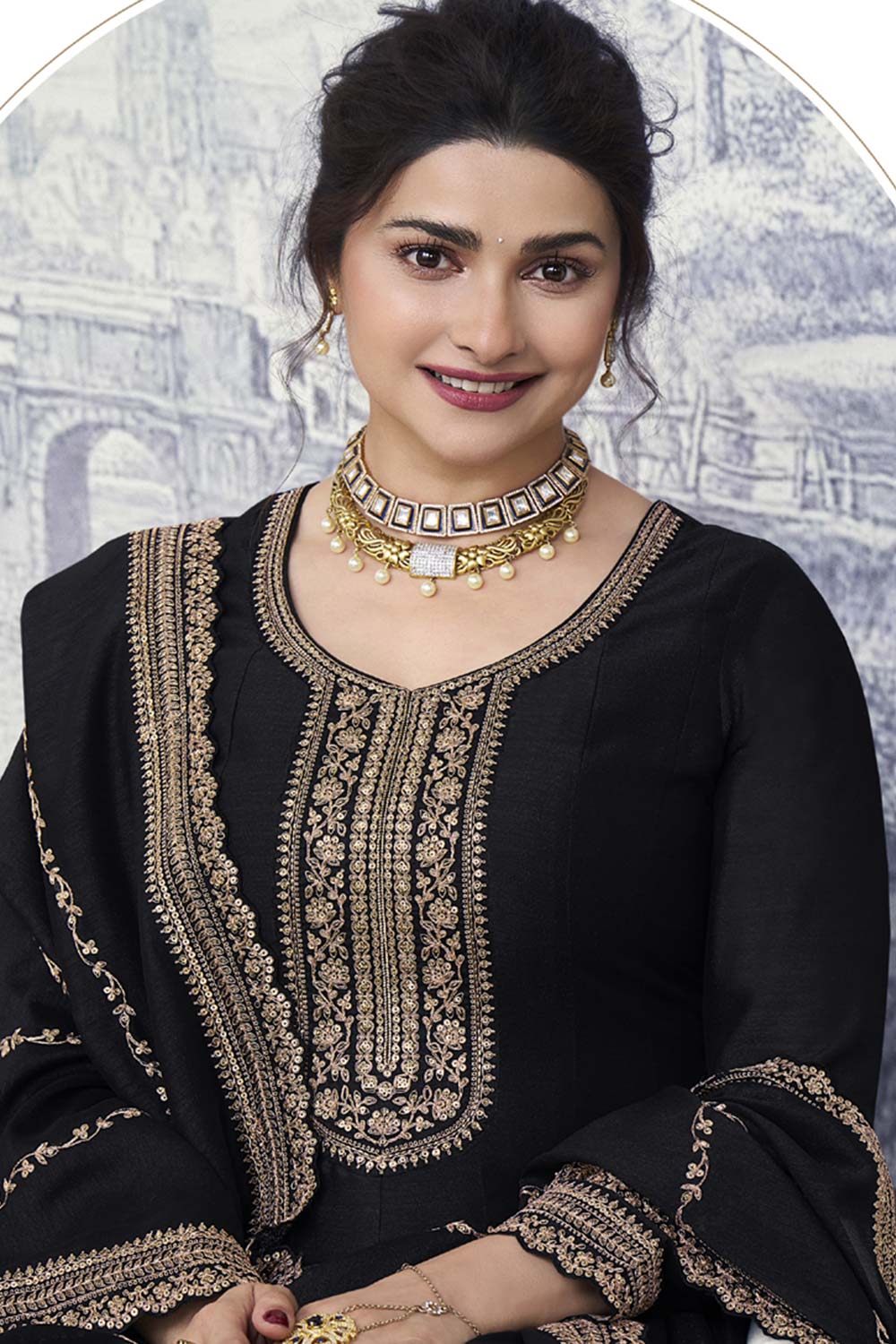 Black Silk Embroidered Full Sleeve Round Neck Anarkali Suit