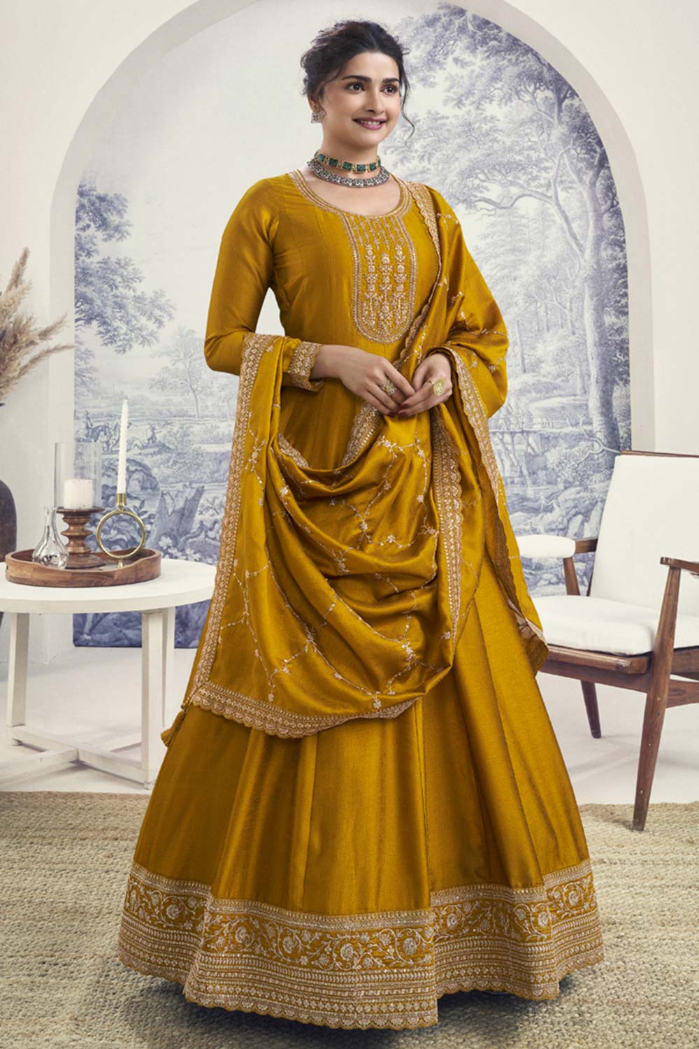 Yellow Silk Embroidered Full Sleeve Round Neck Anarkali Suit