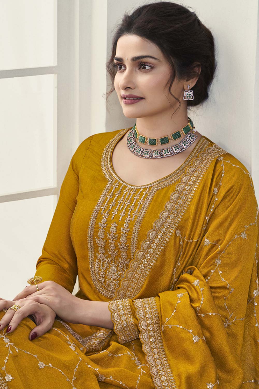 Yellow Silk Embroidered Full Sleeve Round Neck Anarkali Suit