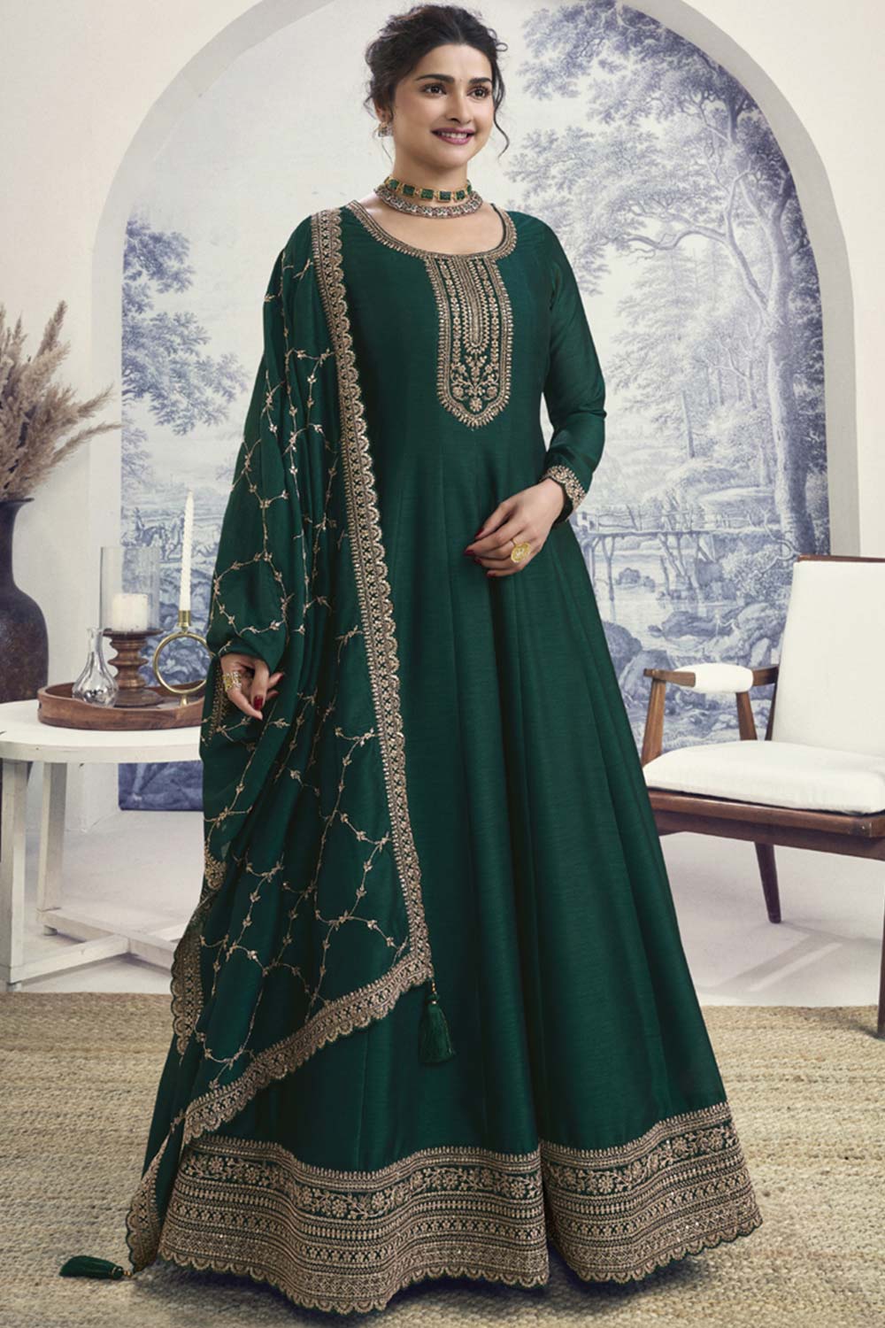 Green Silk Embroidered Full Sleeve Round Neck Anarkali Suit