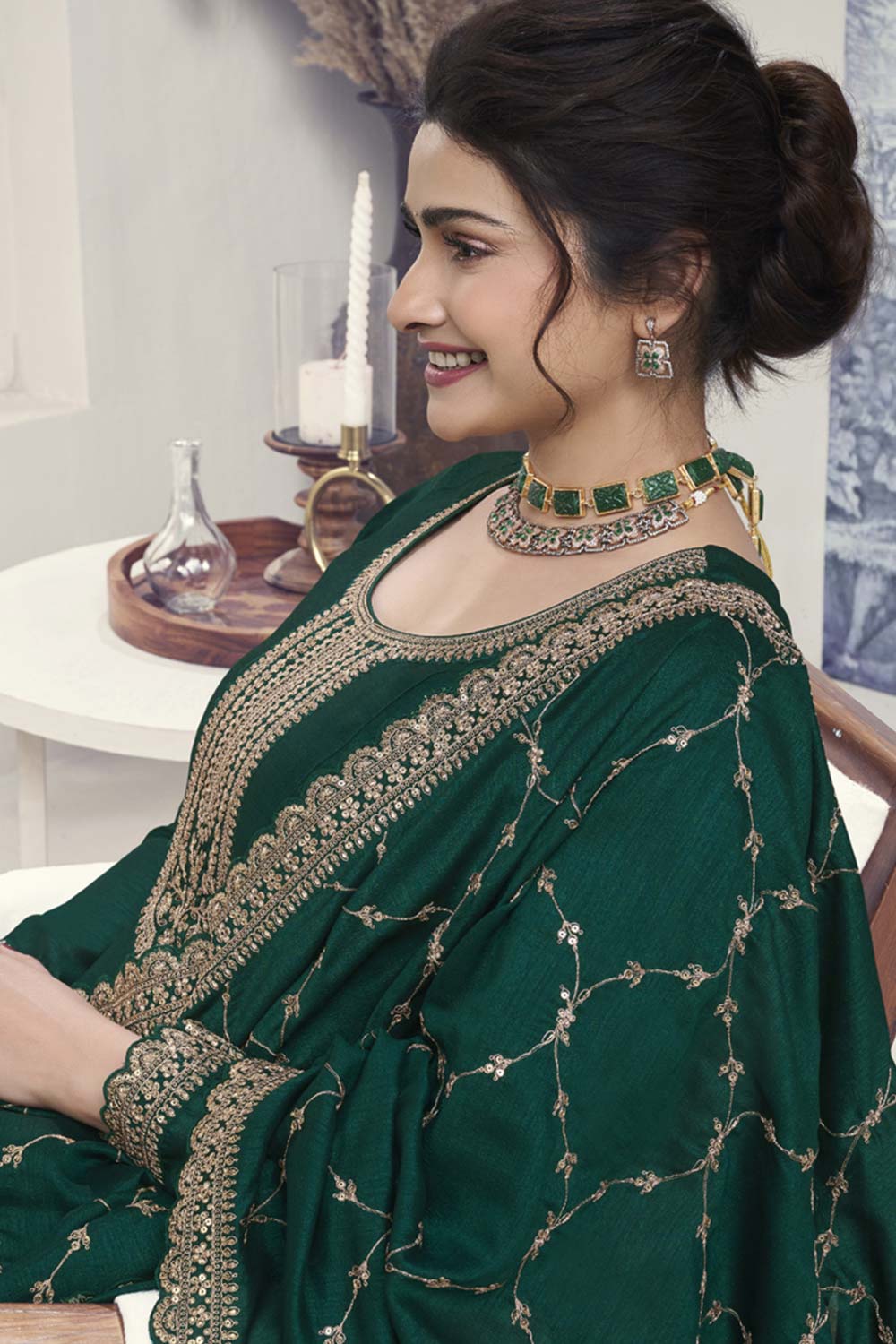 Green Silk Embroidered Full Sleeve Round Neck Anarkali Suit