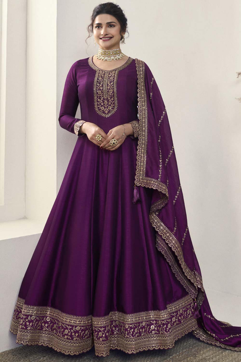 Wine Silk Embroidered Full Sleeve Round Neck Anarkali Suit