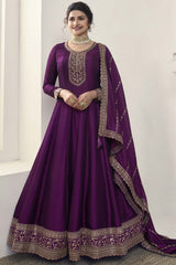 Wine Silk Embroidered Full Sleeve Round Neck Anarkali Salwar Kameez