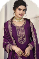 Wine Silk Embroidered Full Sleeve Round Neck Anarkali Suit