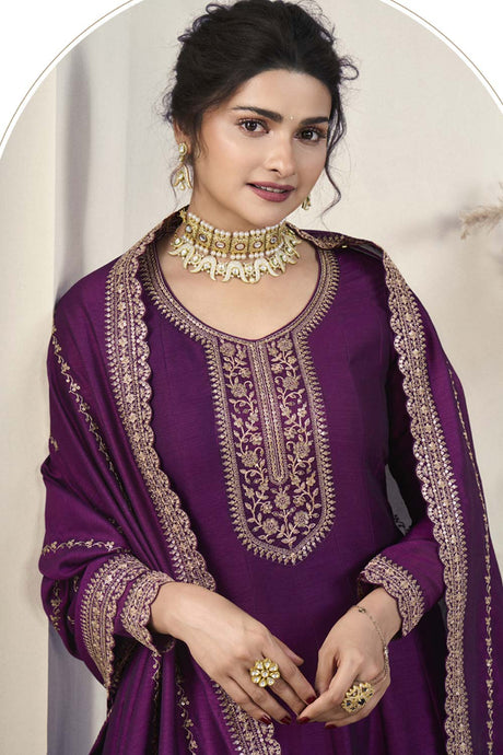 Wine Silk Embroidered Full Sleeve Round Neck Anarkali Salwar Kameez