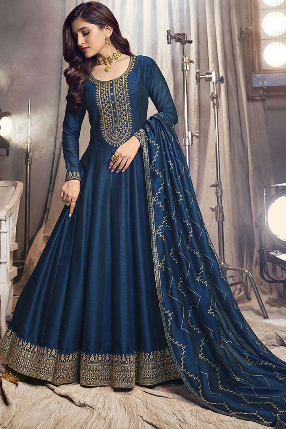 Blue Silk Embroidered Full Sleeve Round Neck Anarkali Salwar Kameez