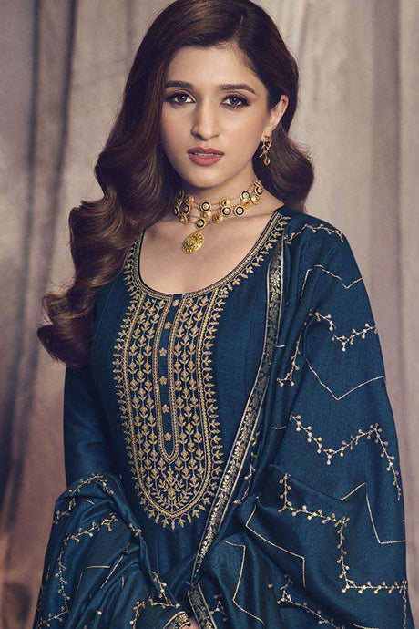 Blue Silk Embroidered Full Sleeve Round Neck Anarkali Salwar Kameez