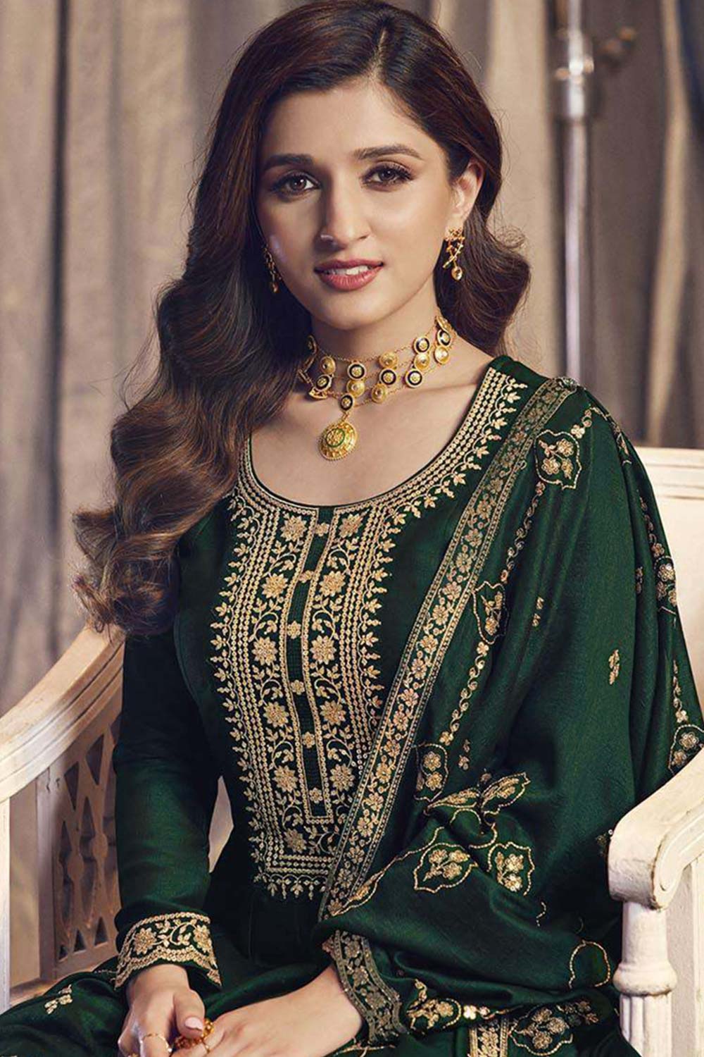 Green Silk Embroidered Full Sleeve Round Neck Anarkali Salwar Kameez