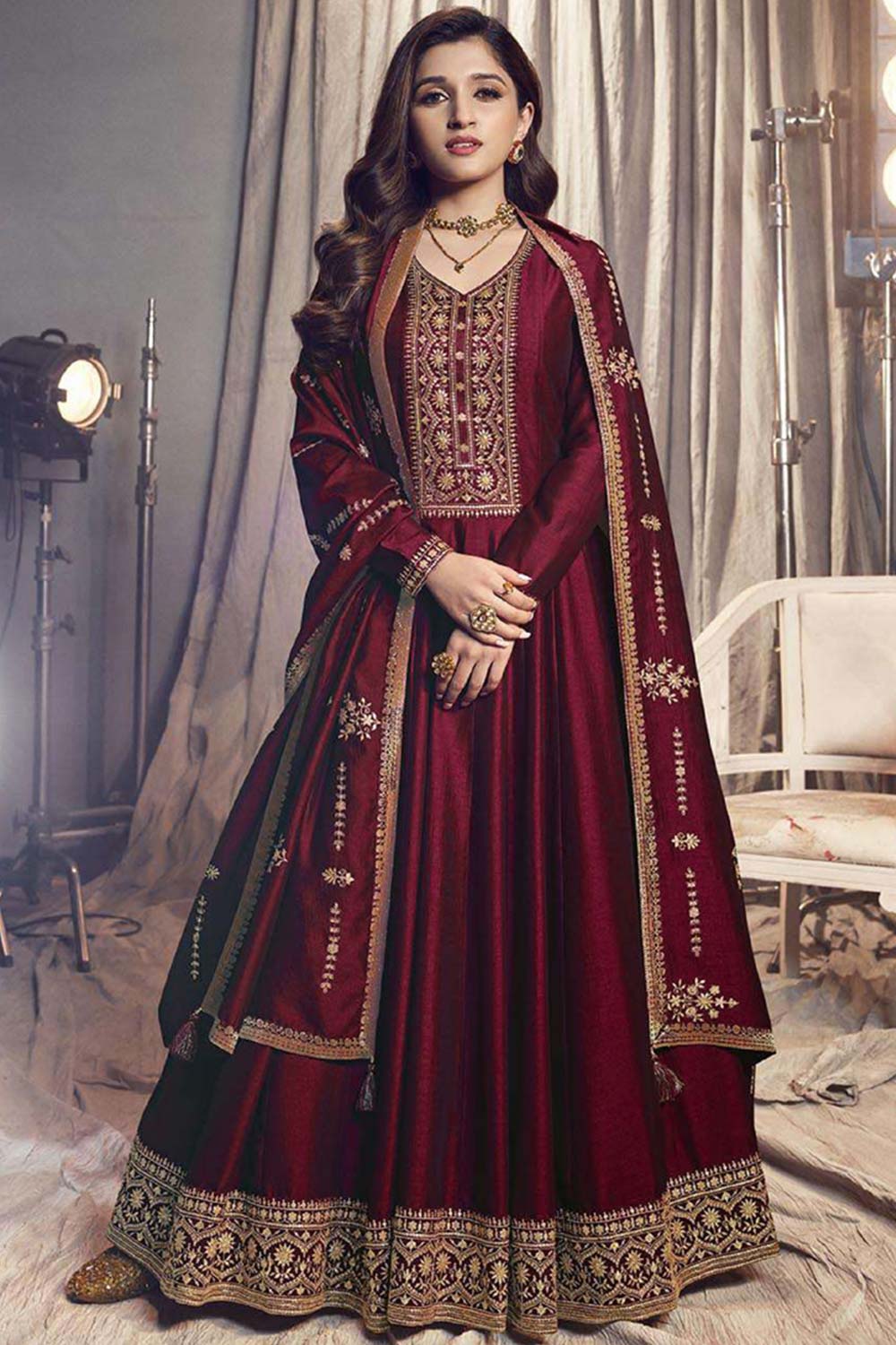 Maroon Silk Embroidered Full Sleeve V Neck Anarkali Salwar Kameez