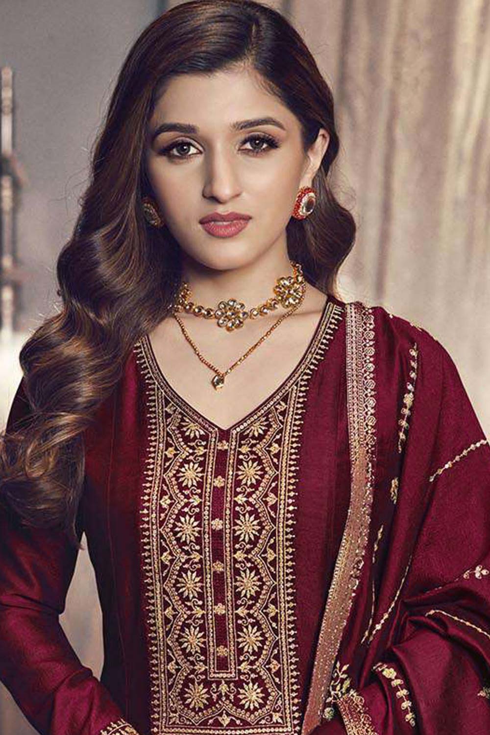 Maroon Silk Embroidered Full Sleeve V Neck Anarkali Salwar Kameez