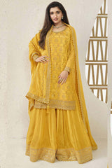 Yellow Viscose Embroidered Full Sleeve Round Neck Pakistani Salwar Kameez