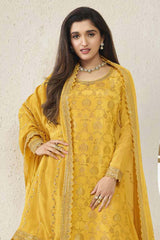 Yellow Viscose Embroidered Full Sleeve Round Neck Pakistani Salwar Kameez