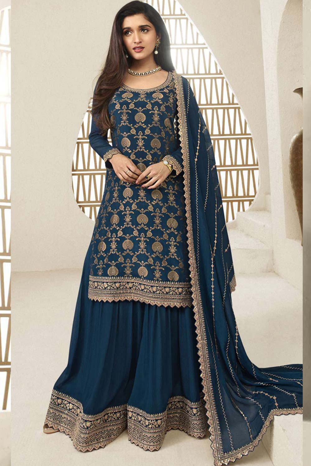 Blue Viscose Embroidered Full Sleeve Round Neck Pakistani Salwar Kameez